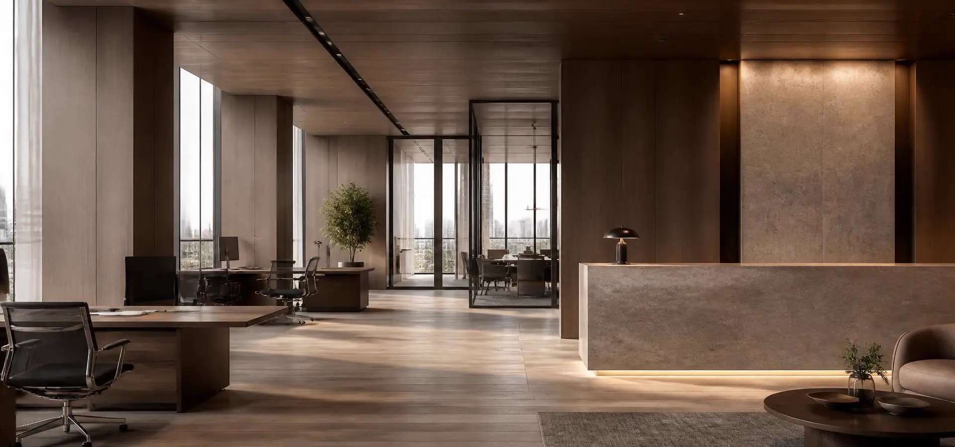Modern corporate office with warm oak surfaces, daylight, workstations and a calm reception area