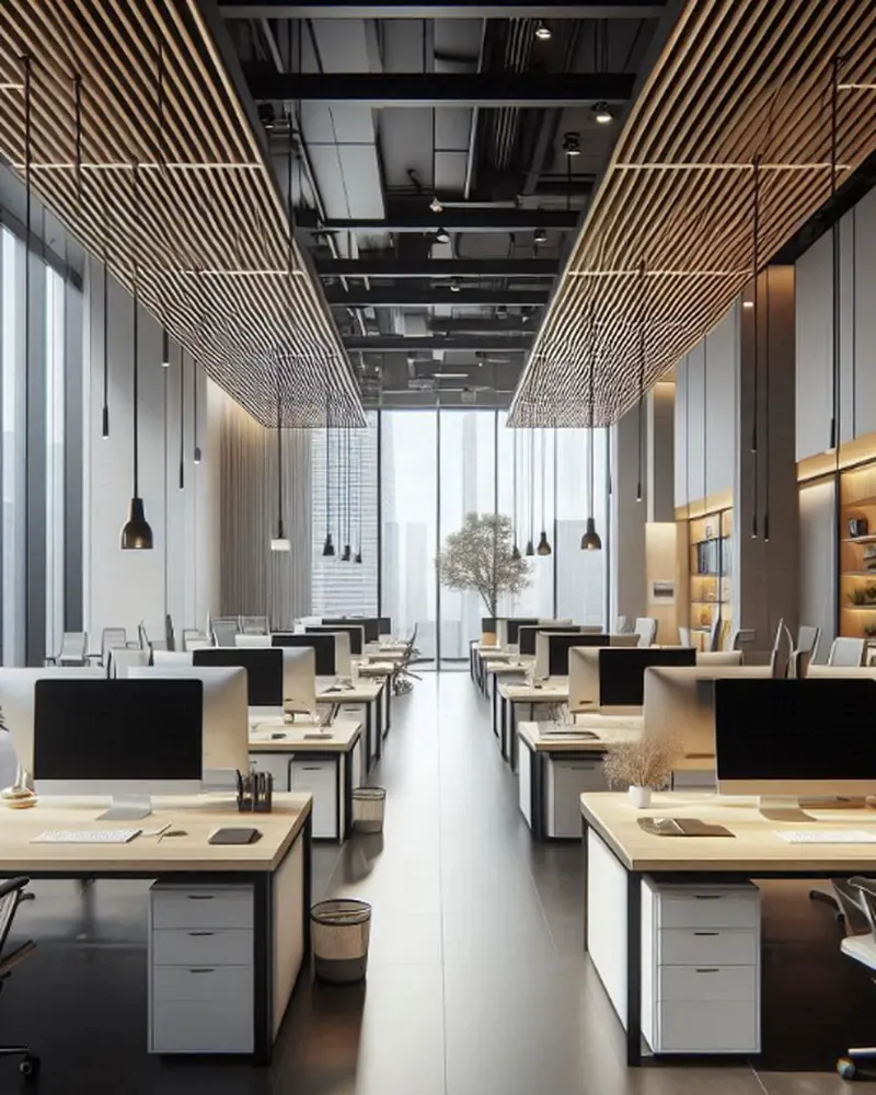 Open-plan workstations with timber baffle ceilings, task lighting and a full-height glazed façade
